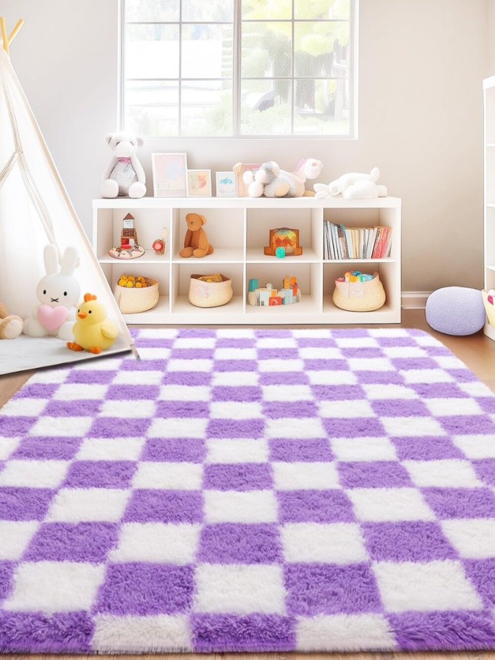 Checkered Rug for Living Room 6x9, Ultra Fluffy Fuzzy Shag Large Area Rug for